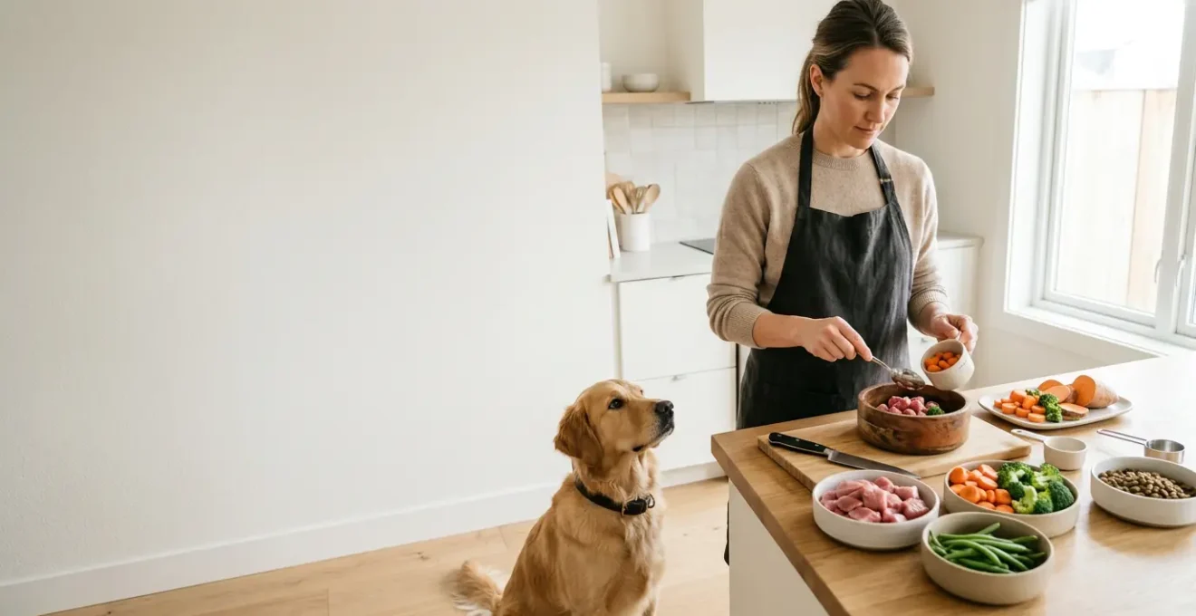 Professional dog owner preparing balanced nutrition for an active dog in modern kitchen