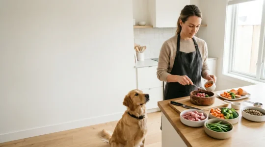 Professional dog owner preparing balanced nutrition for an active dog in modern kitchen