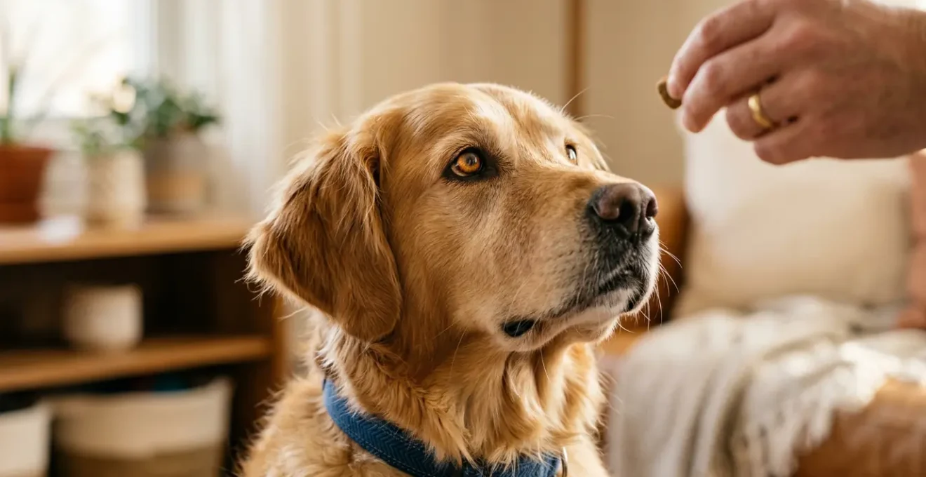 Senior dog demonstrating focused training behavior with positive reinforcement