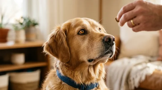 Senior dog demonstrating focused training behavior with positive reinforcement
