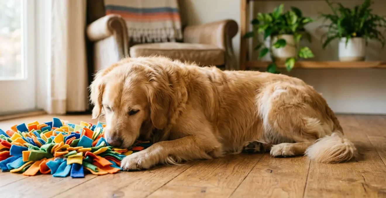 Peaceful golden retriever engaged with colorful fleece snuffle mat in cozy home setting