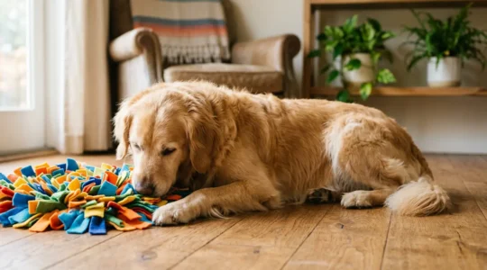 Peaceful golden retriever engaged with colorful fleece snuffle mat in cozy home setting