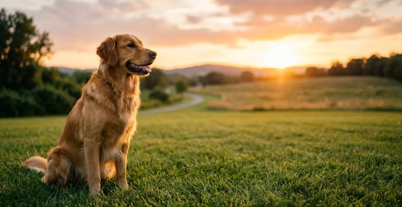 Professional veterinary photograph showing a healthy golden retriever in a sunny outdoor environment with mosquito-free surroundings
