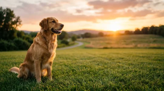 Professional veterinary photograph showing a healthy golden retriever in a sunny outdoor environment with mosquito-free surroundings