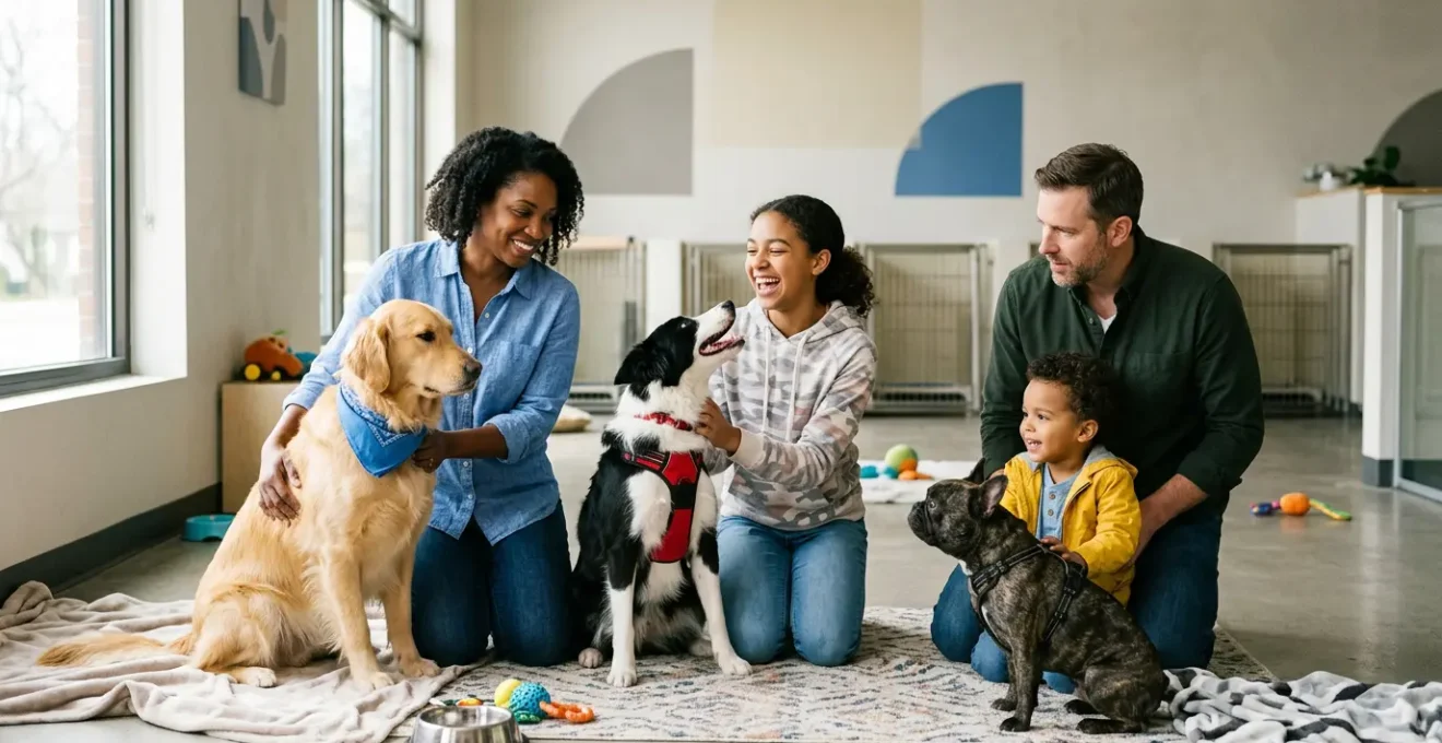 Family meeting different dog breeds at adoption center to find perfect match