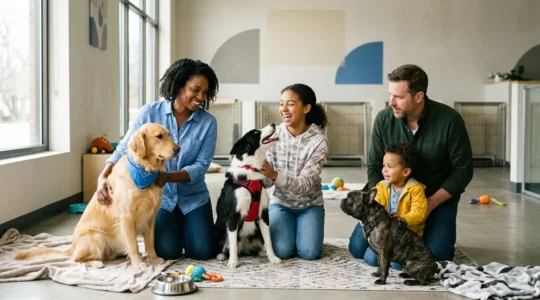 Family meeting different dog breeds at adoption center to find perfect match
