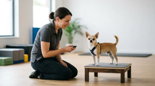 Professional dog trainer working with a confident Chihuahua standing tall on a training platform