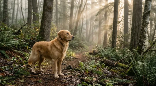 Alert dog in woodland environment with early morning light filtering through trees, showing protective awareness