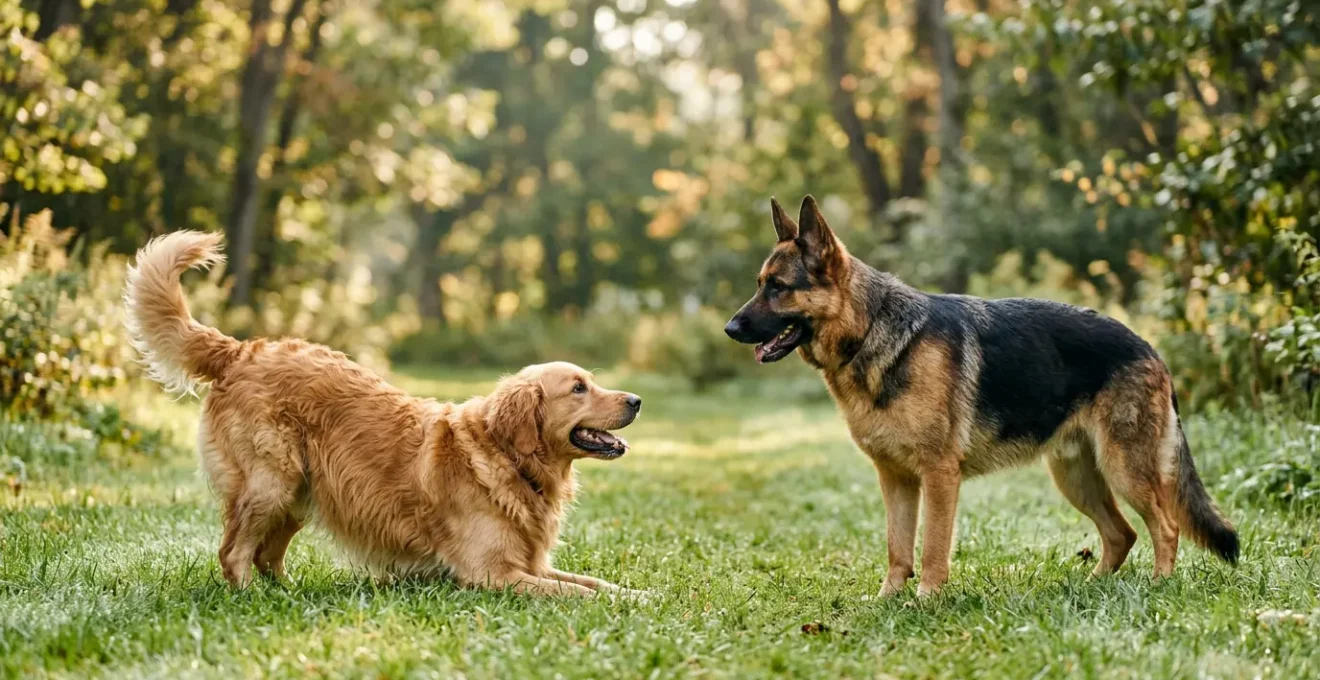 Close-up of two dogs during play showing calming signals with one dog displaying a play bow while the other shows relaxed body language