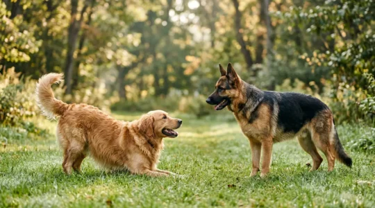 Close-up of two dogs during play showing calming signals with one dog displaying a play bow while the other shows relaxed body language