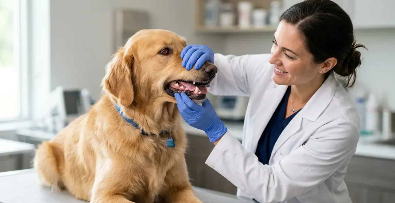 Professional veterinarian examining a dog's teeth for early signs of gingivitis