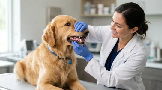 Professional veterinarian examining a dog's teeth for early signs of gingivitis
