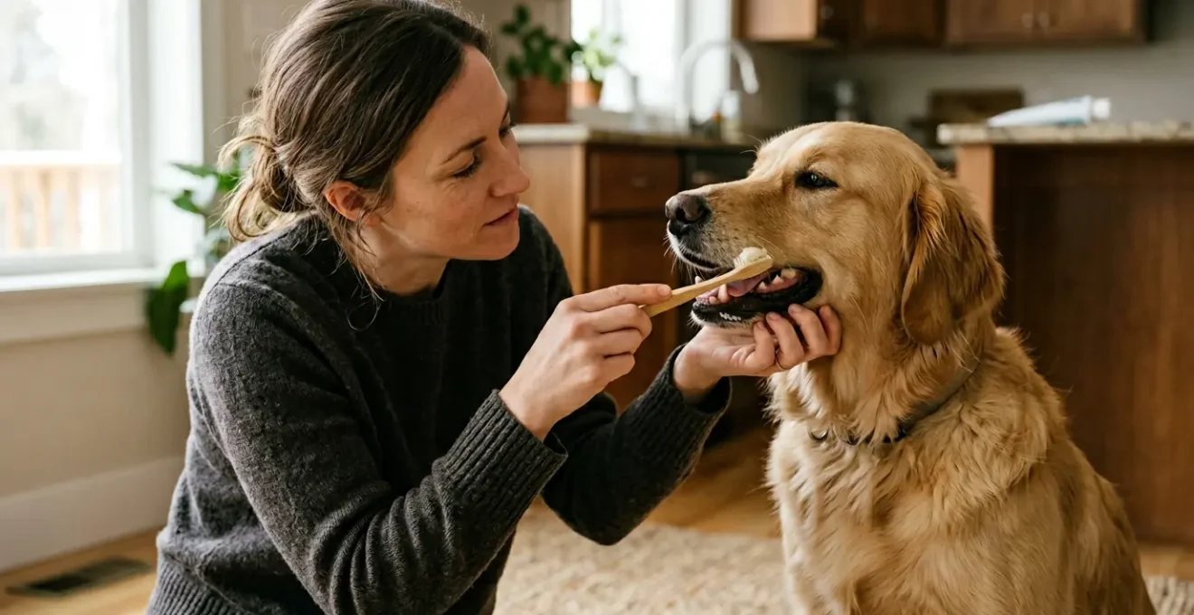 Close-up of a person applying enzymatic toothpaste to a dog's teeth with a soft-bristled toothbrush