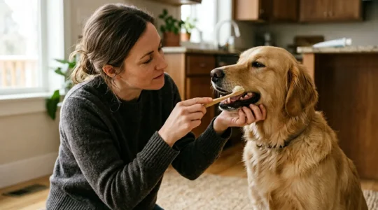 Close-up of a person applying enzymatic toothpaste to a dog's teeth with a soft-bristled toothbrush