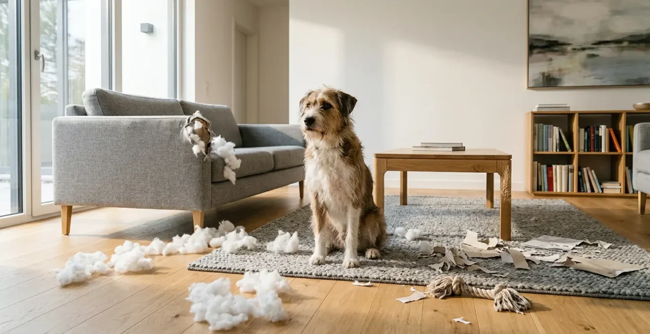Dog surrounded by torn furniture and scattered household items in a home setting