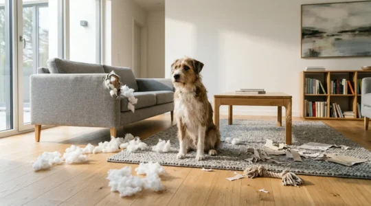 Dog surrounded by torn furniture and scattered household items in a home setting