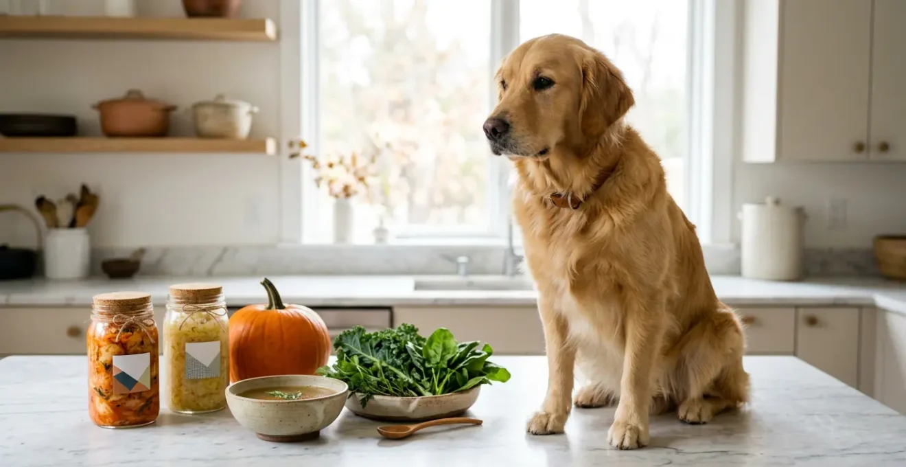 Dog surrounded by colorful vegetables and fermented foods representing gut health recovery