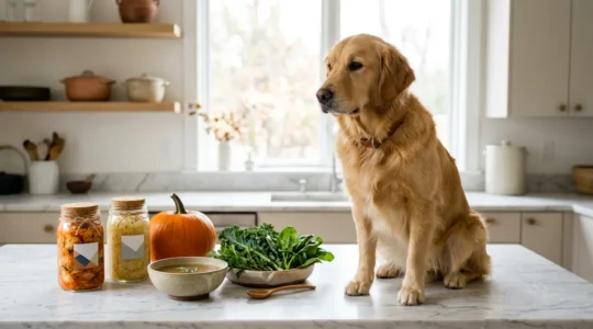 Dog surrounded by colorful vegetables and fermented foods representing gut health recovery