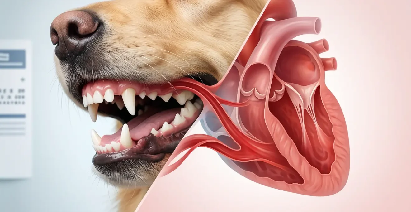 Close-up view of a dog's healthy teeth and gums alongside anatomical visualization of heart valves showing the connection between oral and cardiovascular health