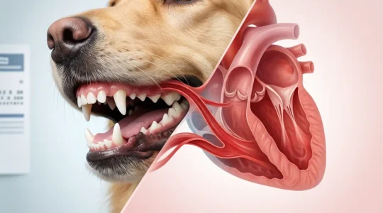 Close-up view of a dog's healthy teeth and gums alongside anatomical visualization of heart valves showing the connection between oral and cardiovascular health