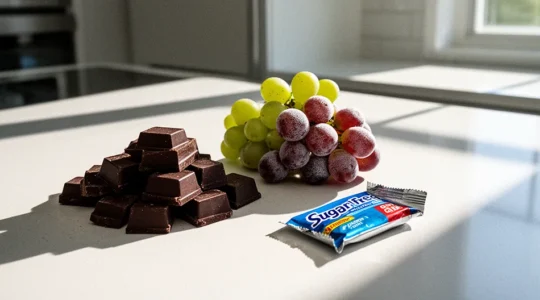 Kitchen counter scene showing dangerous foods for dogs with safety awareness elements