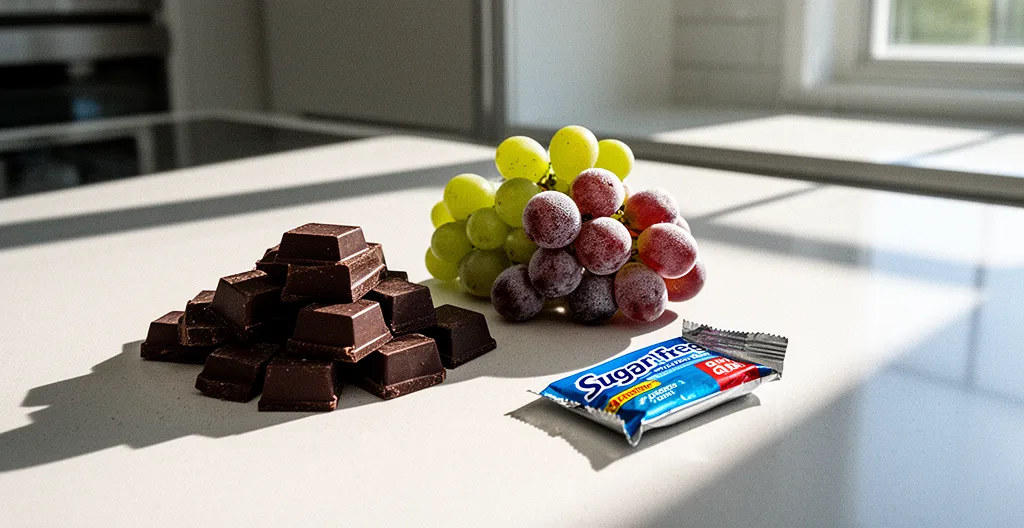 Kitchen counter scene showing dangerous foods for dogs with safety awareness elements