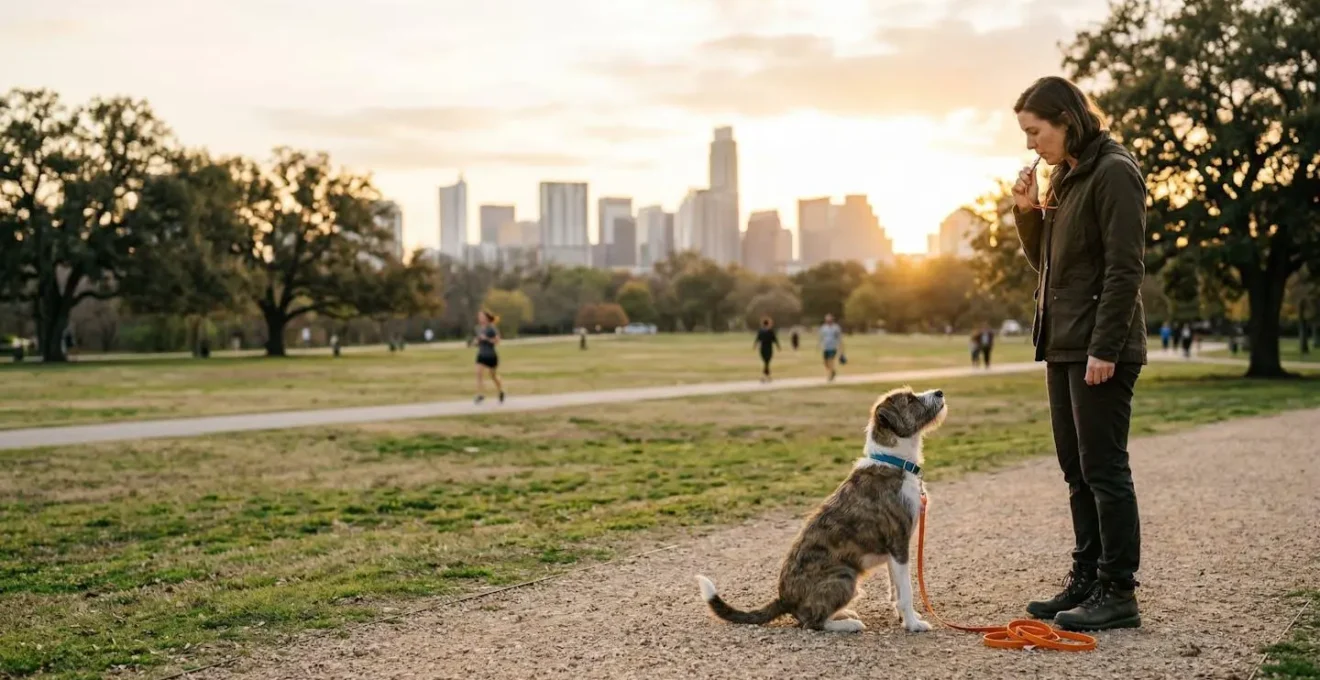 Dog owner practicing recall training with terrier in busy urban park environment