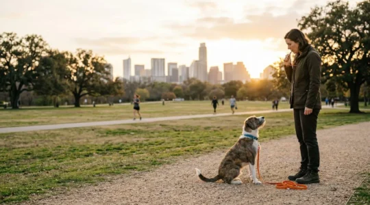 Dog owner practicing recall training with terrier in busy urban park environment