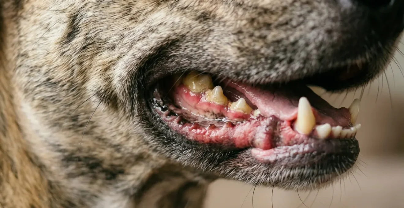 Close-up view of a dog's mouth showing inflamed gums and teeth with plaque buildup