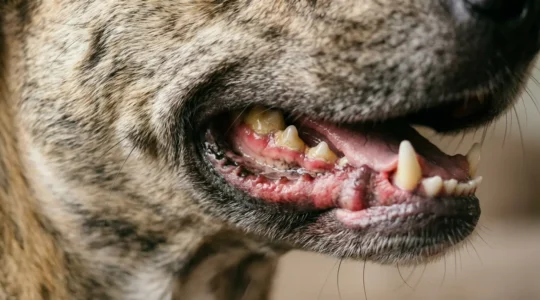 Close-up view of a dog's mouth showing inflamed gums and teeth with plaque buildup