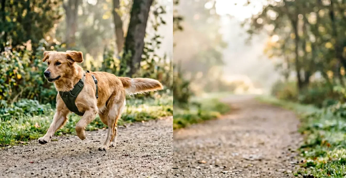 Professional comparison of ergonomic Y-shaped harness on healthy dog showing proper shoulder movement and joint alignment