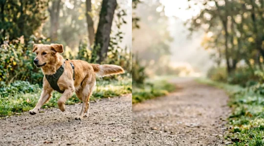 Professional comparison of ergonomic Y-shaped harness on healthy dog showing proper shoulder movement and joint alignment