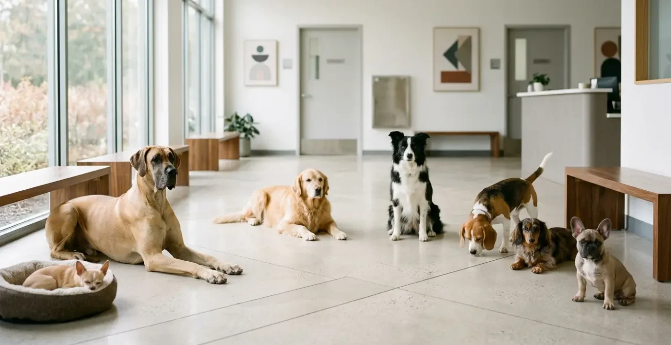 Wide shot of diverse dogs of various breeds and sizes gathering at a community veterinary clinic, showing a peaceful waiting area with natural window light creating a warm atmosphere