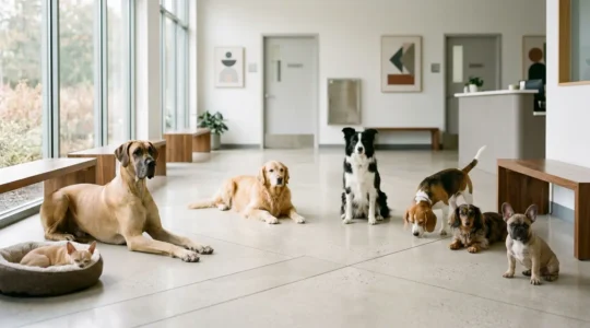 Wide shot of diverse dogs of various breeds and sizes gathering at a community veterinary clinic, showing a peaceful waiting area with natural window light creating a warm atmosphere