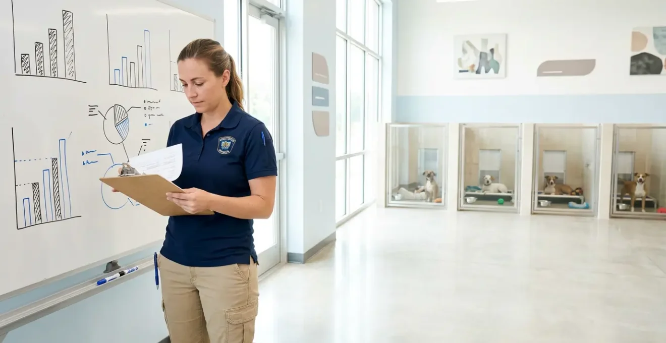Wide shot of a professional animal welfare investigator examining documentation at a legitimate rescue facility with dogs in clean enclosures