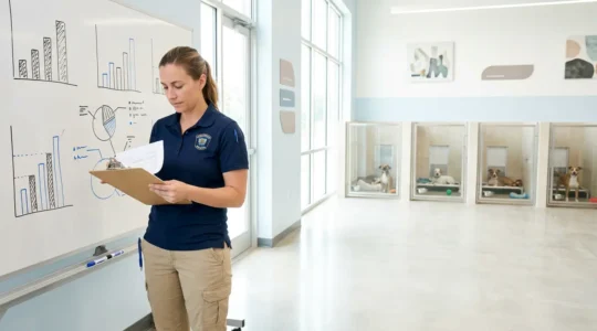 Wide shot of a professional animal welfare investigator examining documentation at a legitimate rescue facility with dogs in clean enclosures