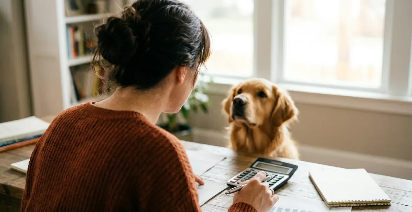 Thoughtful pet owner reviewing financial documents with healthy dog nearby