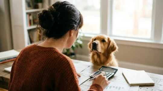 Thoughtful pet owner reviewing financial documents with healthy dog nearby