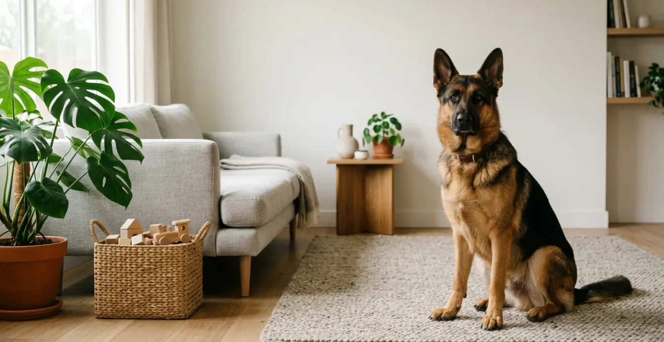 Professional German Shepherd in modern living room, showcasing calm behavior while surrounded by family life