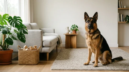 Professional German Shepherd in modern living room, showcasing calm behavior while surrounded by family life