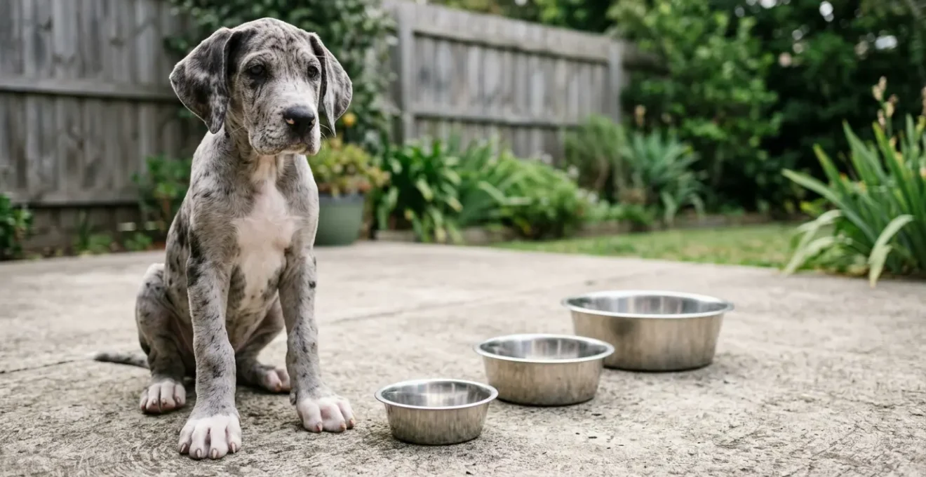 Great Dane puppy beside adult-sized dog bowls showing size perspective
