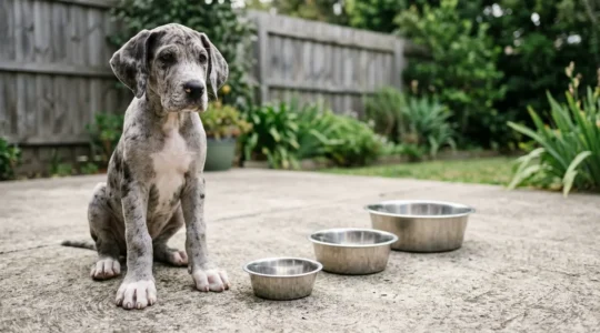 Great Dane puppy beside adult-sized dog bowls showing size perspective