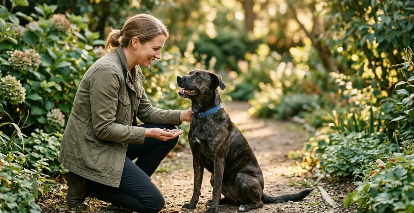 Compassionate dog trainer using positive reinforcement techniques with a reactive dog in a peaceful garden setting