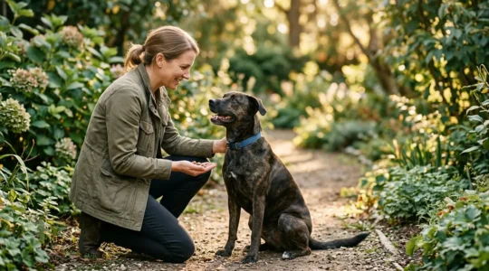 Compassionate dog trainer using positive reinforcement techniques with a reactive dog in a peaceful garden setting