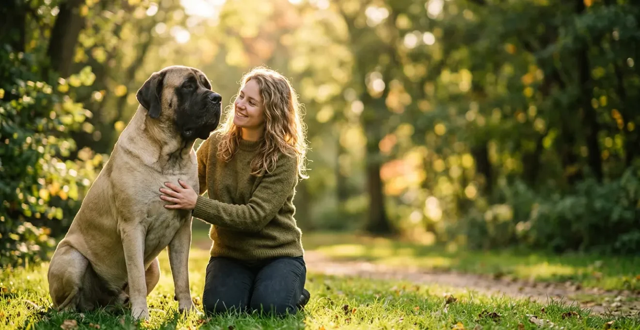 Owner embracing a large English Mastiff in a natural outdoor setting