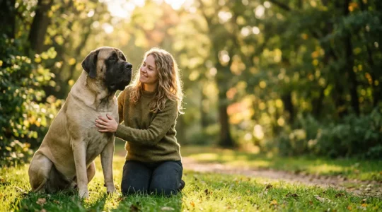 Owner embracing a large English Mastiff in a natural outdoor setting