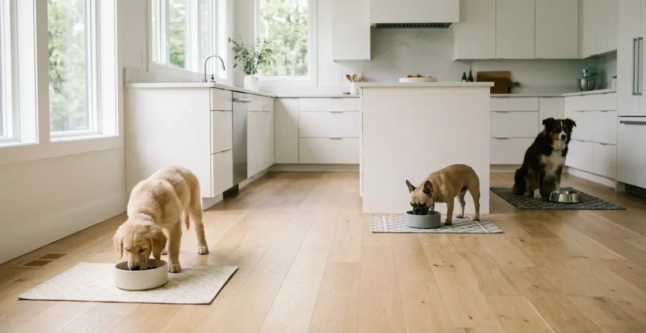 Dogs in a multi-dog household demonstrating calm behavior around resources