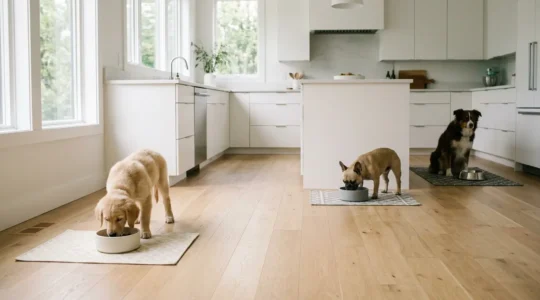 Dogs in a multi-dog household demonstrating calm behavior around resources