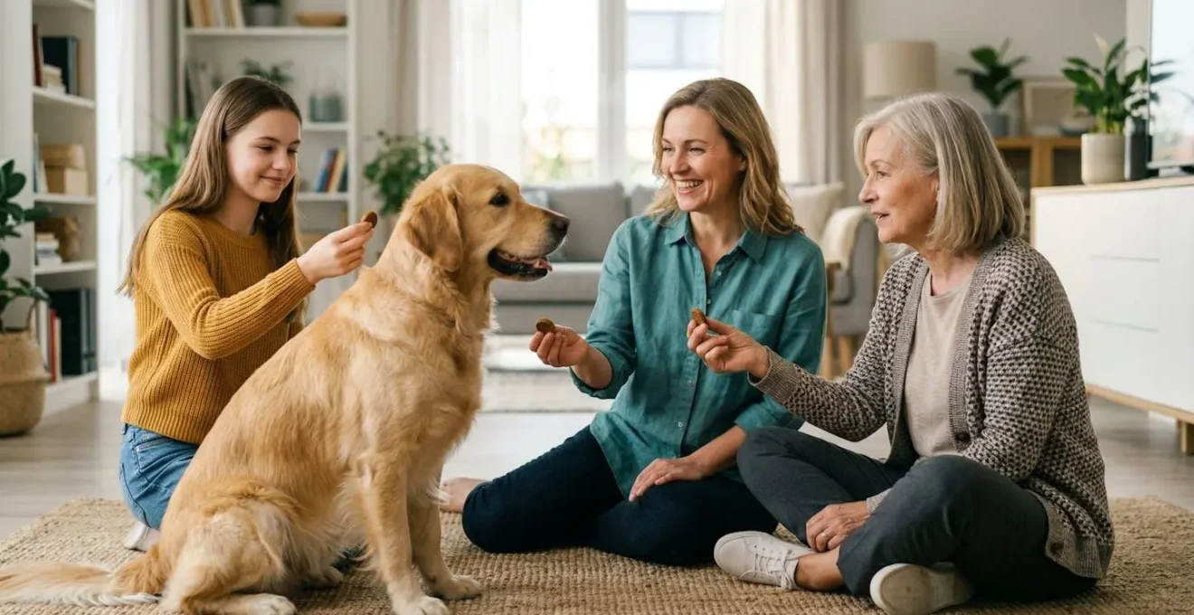 Family members training a golden retriever together in a bright living room