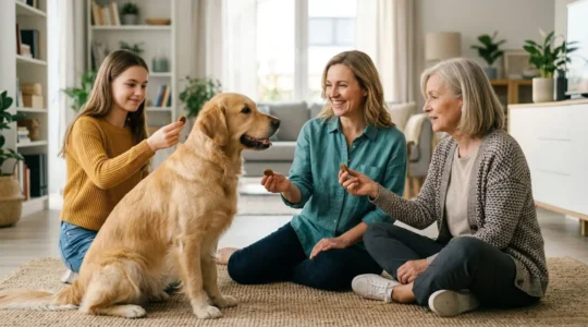 Family members training a golden retriever together in a bright living room